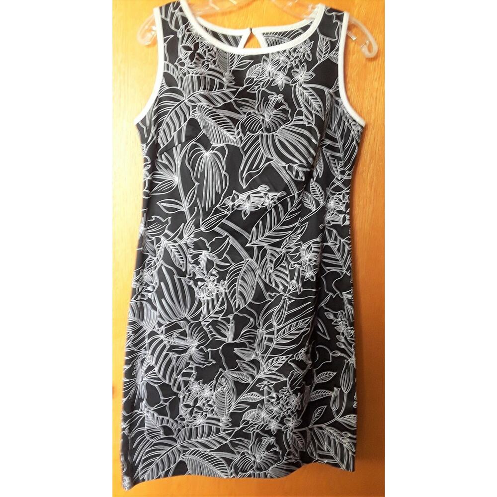 DANNY & NICOLE 8 Tropical Print Black and White Stretch Sheath Dress Knee Length